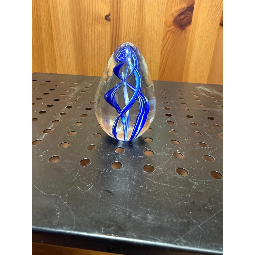 Art Glass Paperweight Egg Shape Cobalt Blue White Ribbon Swirl Hand Blown 2.75"